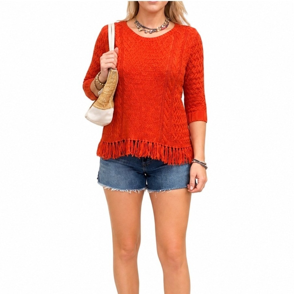 Vintage Ruby Rd Burnt Orange Fringe Boho Knit Sweater Small